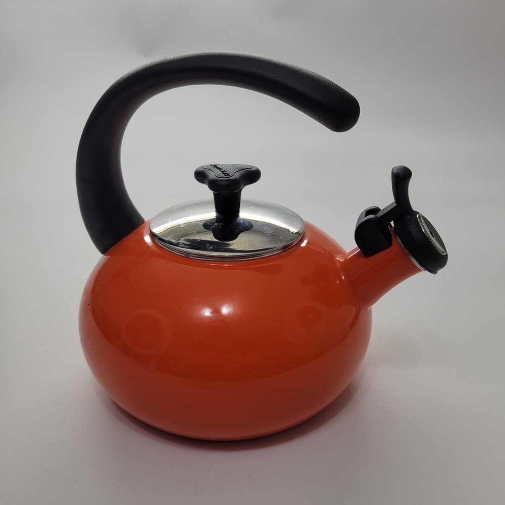 Rachael Ray Orange Enamel Whistling Tea Kettle, 1.5 Quart, Large Top Handle
